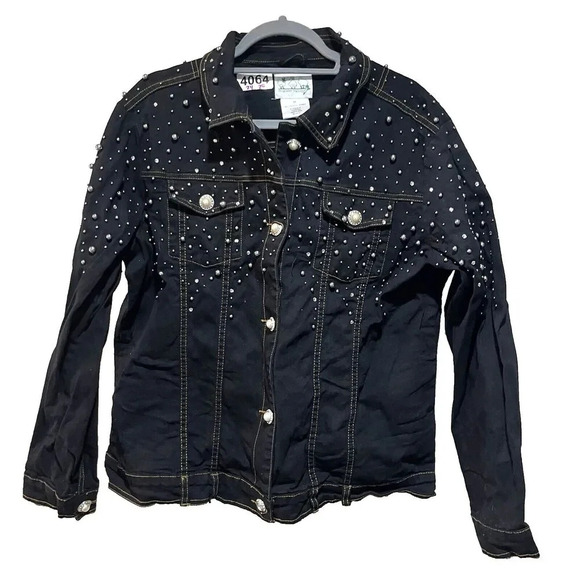 Quacker Factory Black Denim Bling Jacket M Rhinestone Pearl Bling Cowgirl Rodeo - Picture 1 of 9